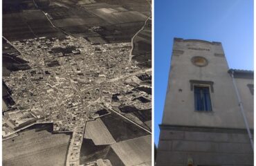 Pirri dal dirigibile in una foto d'epoca e la torre del Municipio